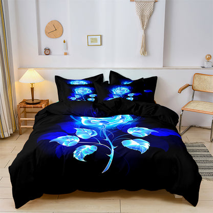 Blooming Blue Rose Floral Quilt/Duvet Cover Bedding Set