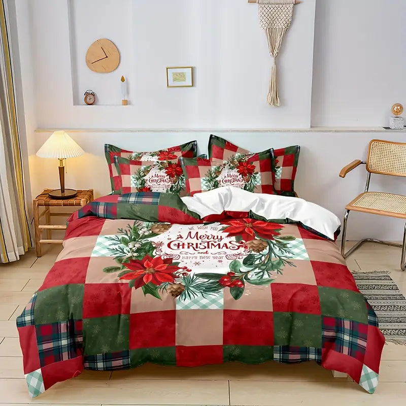 3Pcs Christmas Theme Santa Snowman Tree Elk Snowflake Checked Duvet Cover Set