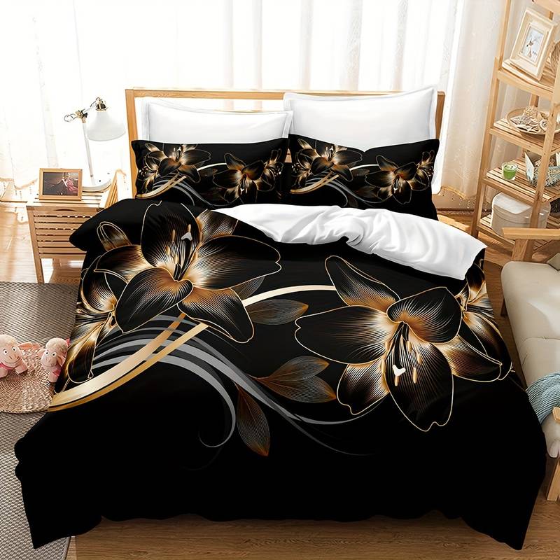 Black & Golden Flower Printed Quilt/Duvet Cover Bedding Set