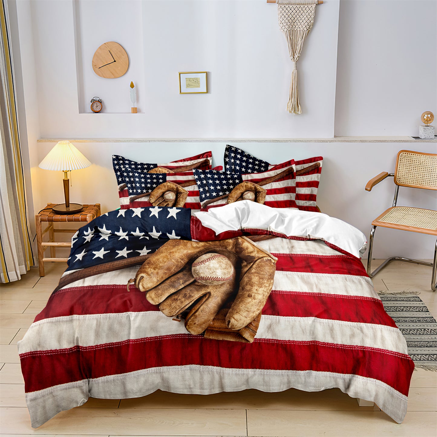 Baseball American Flag Quilt Duvet Doona Cover Bed Set