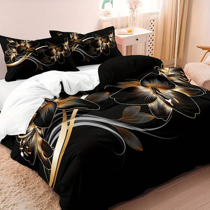 Black & Golden Flower Printed Quilt/Duvet Cover Bedding Set