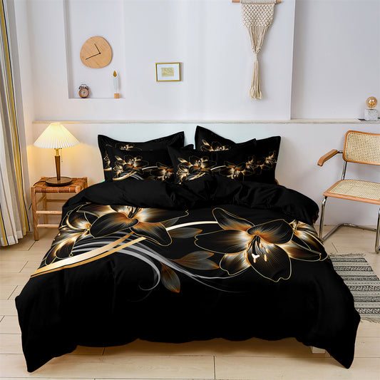 Black & Golden Flower Printed Quilt/Duvet Cover Bedding Set