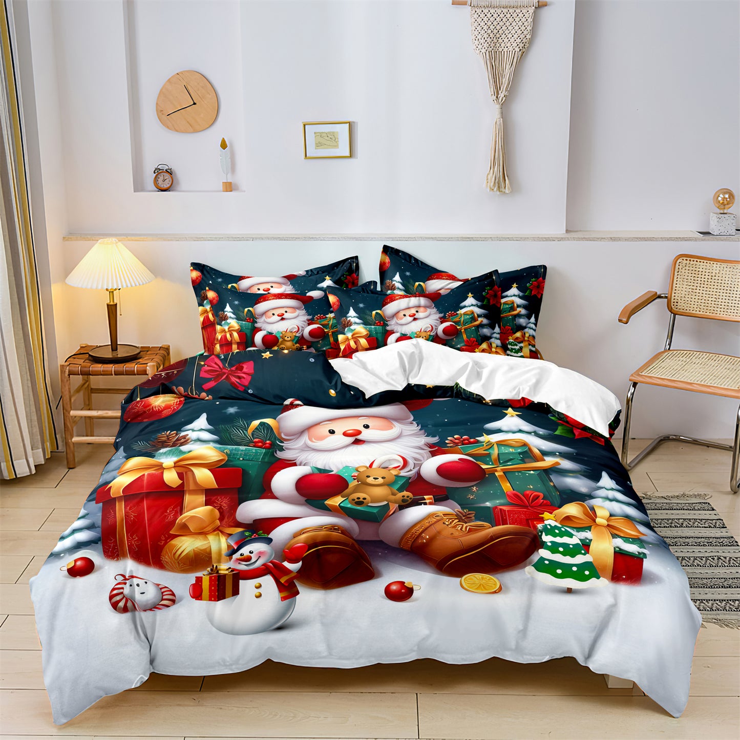 3pcs Santa & Snowman Christmas  Theme Duvet Cover Bedding Set