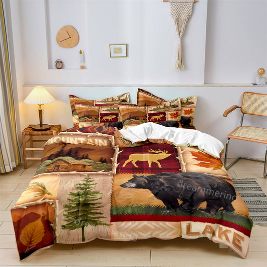 Vintage Village Forest Black Bear Elk/Deer Printed Quilt/Duvet Cover Bedding Set