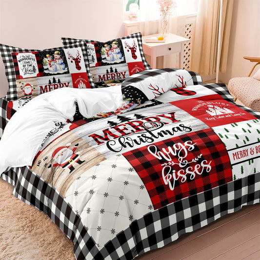 3Pcs Christmas Theme Print Checked Duvet Cover Bedding Set