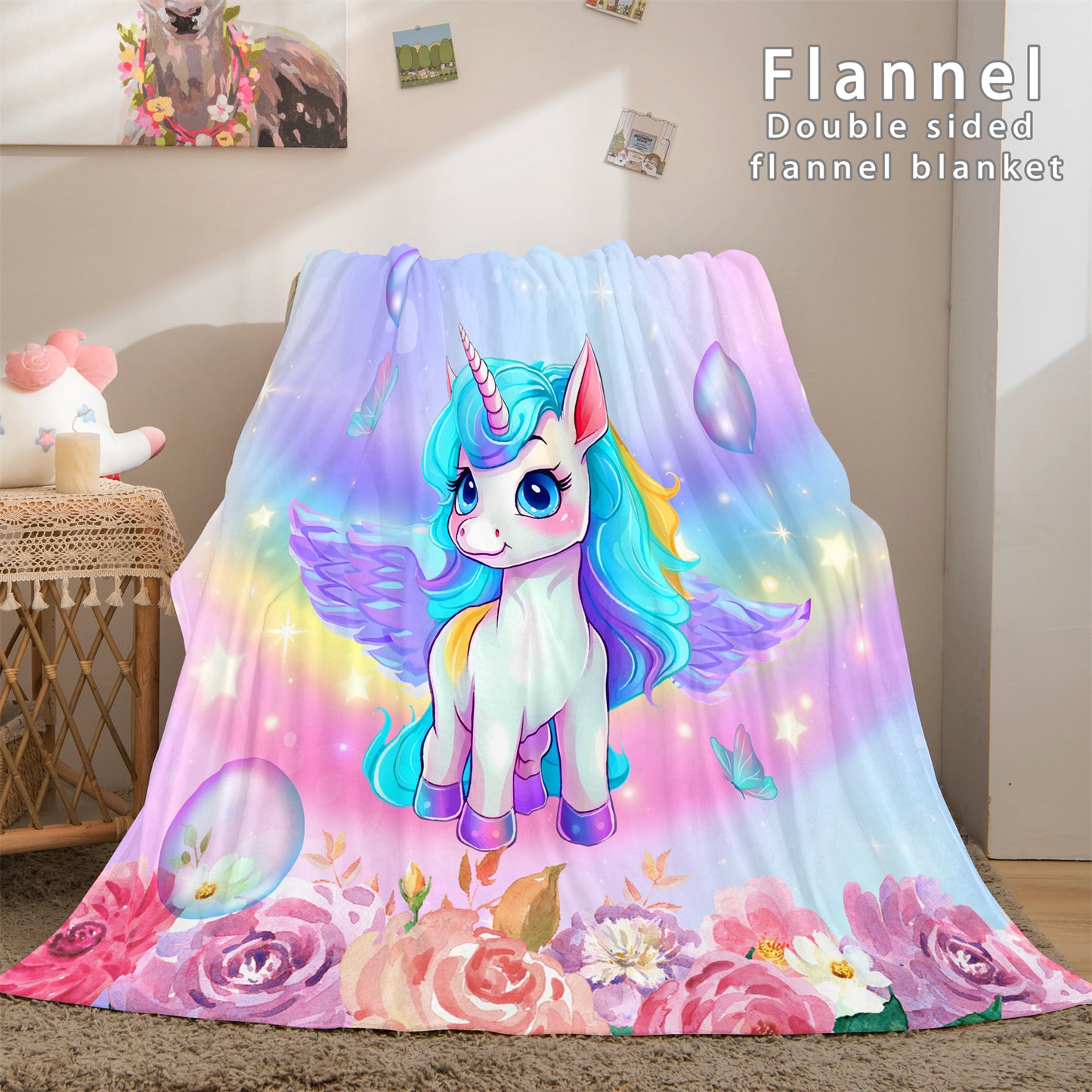 Floral Unicorn Flannel Blanket