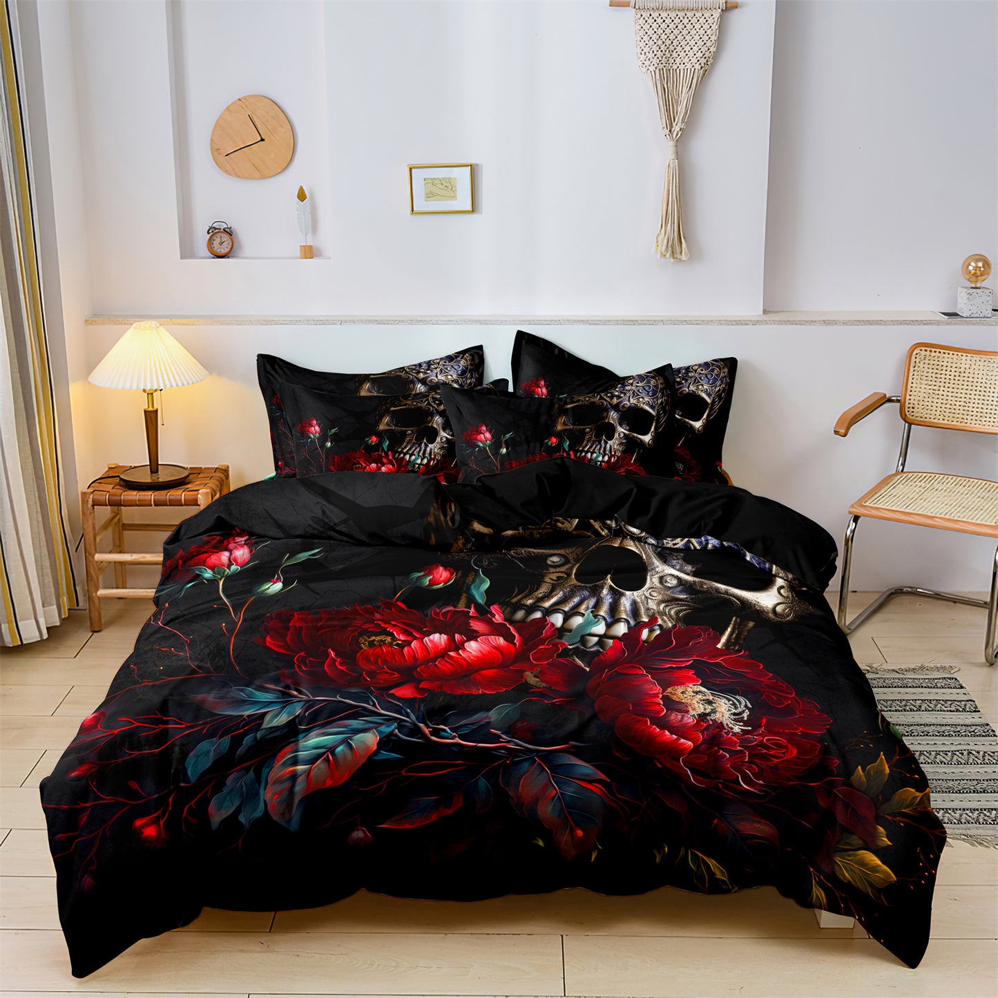 3Pcs Gothic Skull Floral Duvet Cover Bedding Set