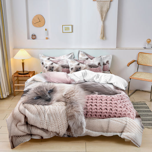 Cute Cat Quilt Doona Duvet Cover Pillowcase Bedding Set