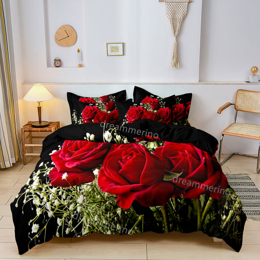 Romantic Rose Flower Printed Quilt/Duvet Cover Bedding Set