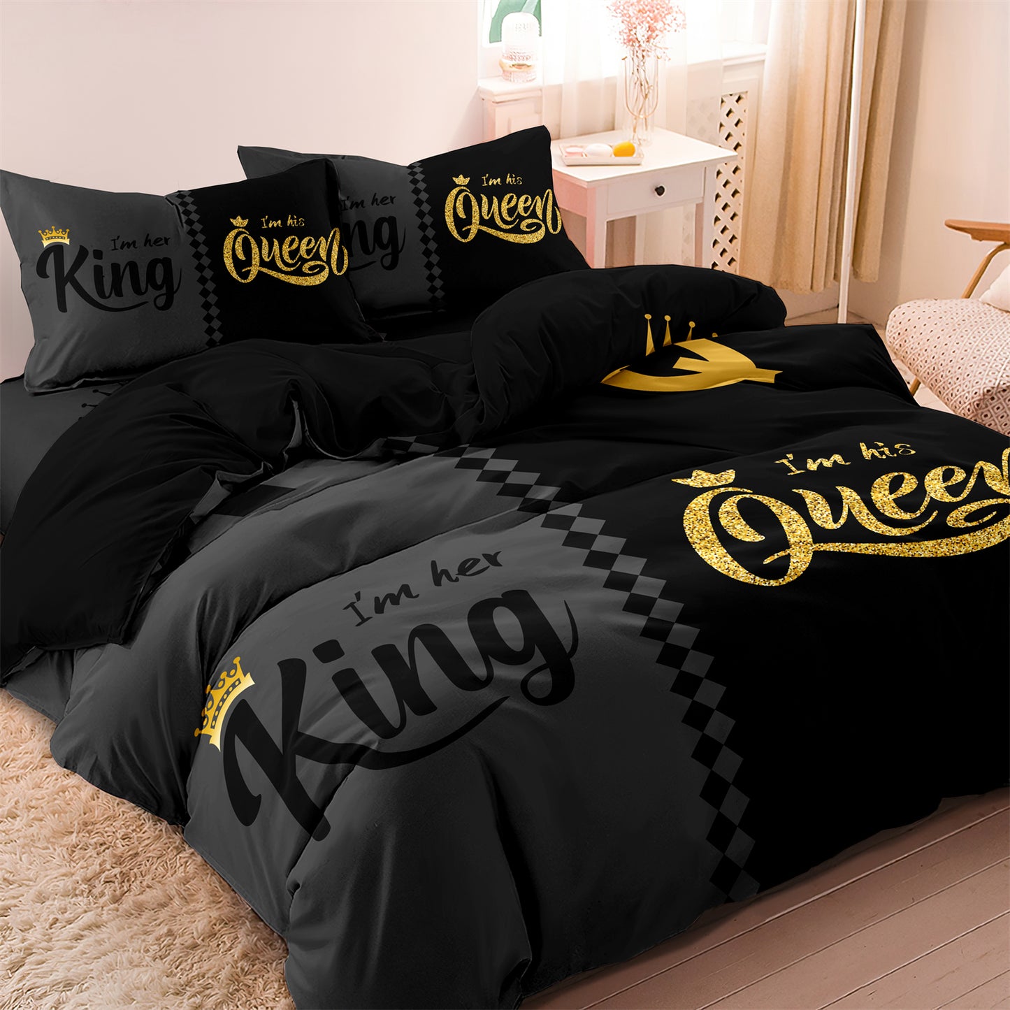 3pcs Valentine's Day Queen & King Crown Duvet Cover Set