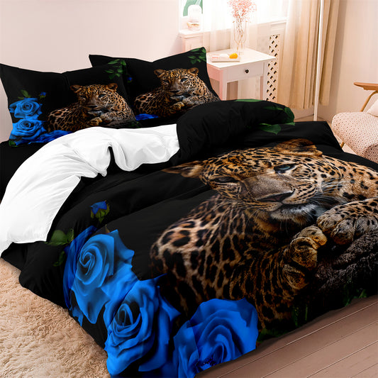 3pcs Romantic Rose Leopard Animal Duvet Cover Set