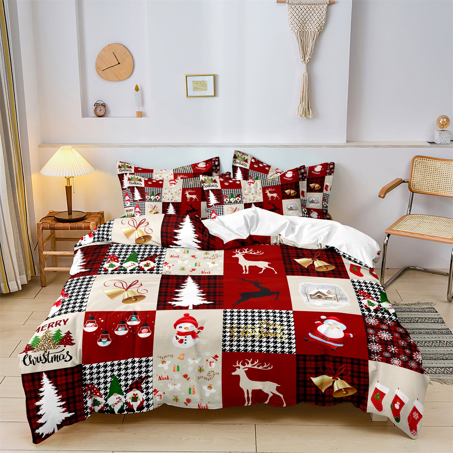 3Pcs Christmas Theme Santa Snowman Tree Elk Snowflake Checked Duvet Cover