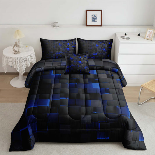 3Pcs Geometric Blue & Red Grid Checked Comforter Set