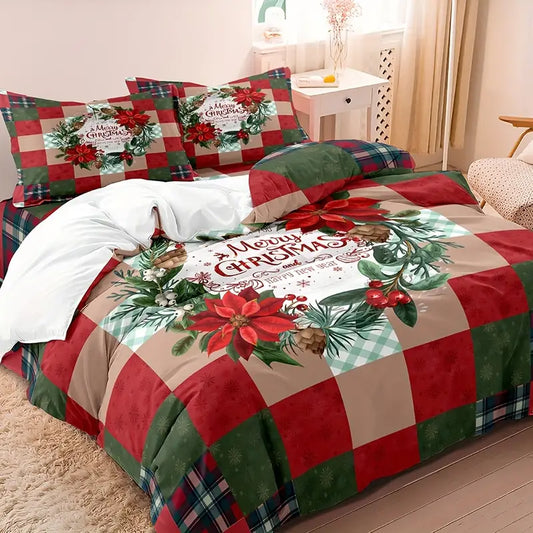 3Pcs Christmas Theme Santa Snowman Tree Elk Snowflake Checked Duvet Cover Set