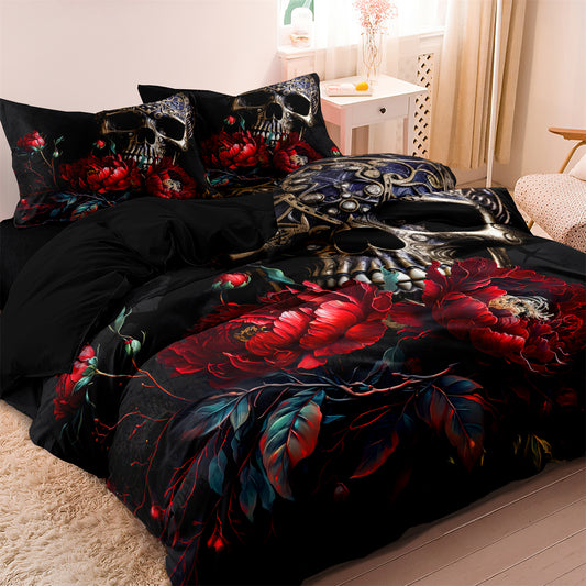 3Pcs Gothic Skull Floral Duvet Cover Bedding Set