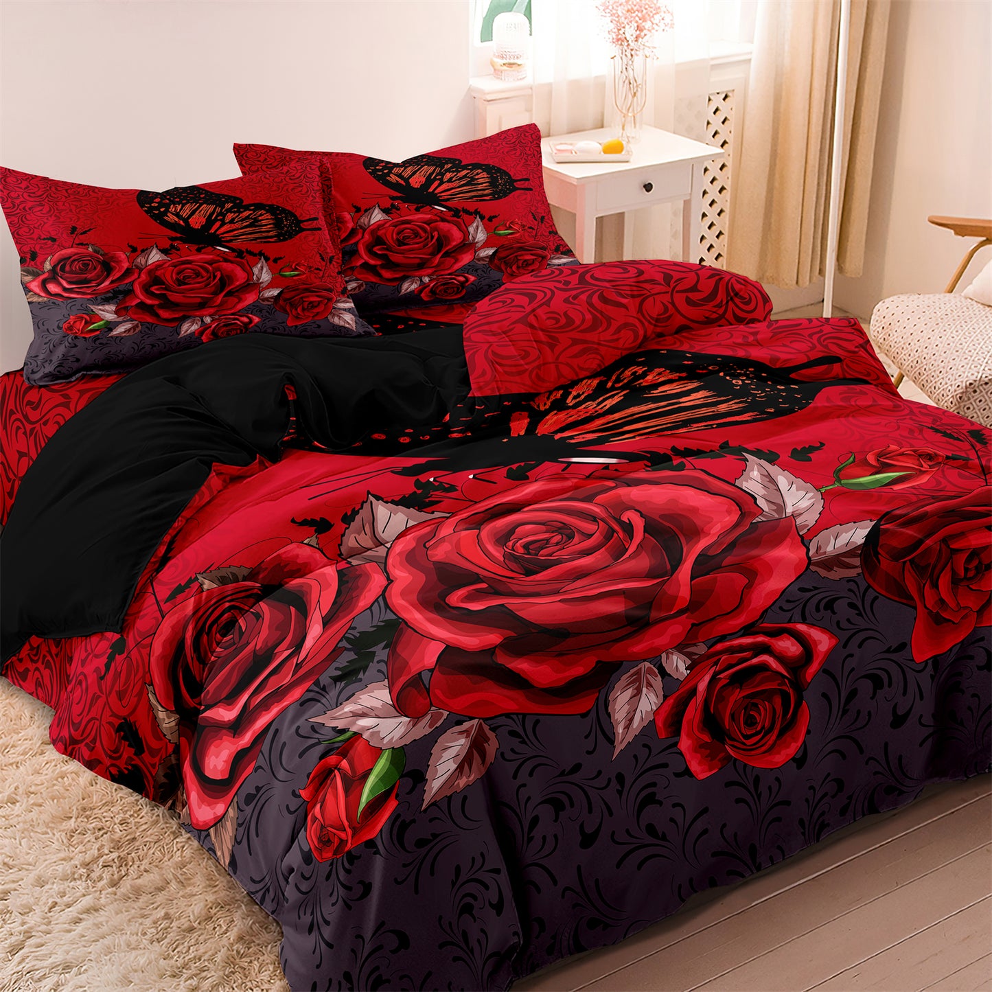 Butterfly Rose Printed Soft Quilt/Duvet Cover Bedding Set