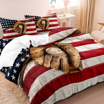 Baseball American Flag Quilt Duvet Doona Cover Bed Set