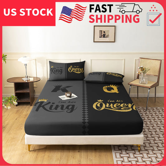 3pcs Queen & King Crown Lettering Couple Sheet Fitted Set