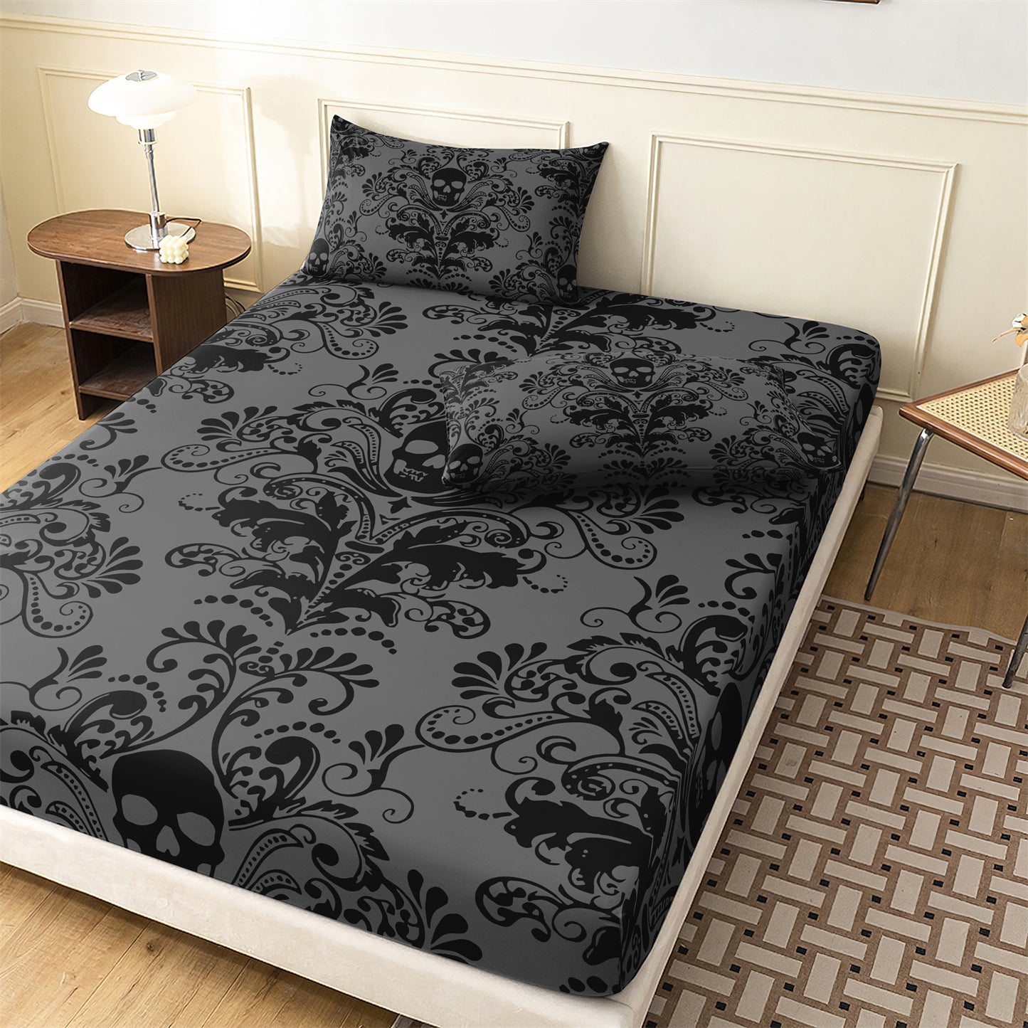 3Pcs Skull Floral Bed Sheet Fitted Set