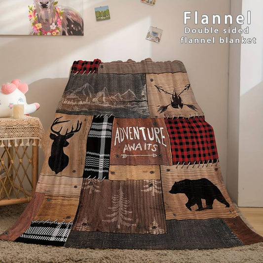 Vintage Rustic Bear Deer Printed Flannel Blanket