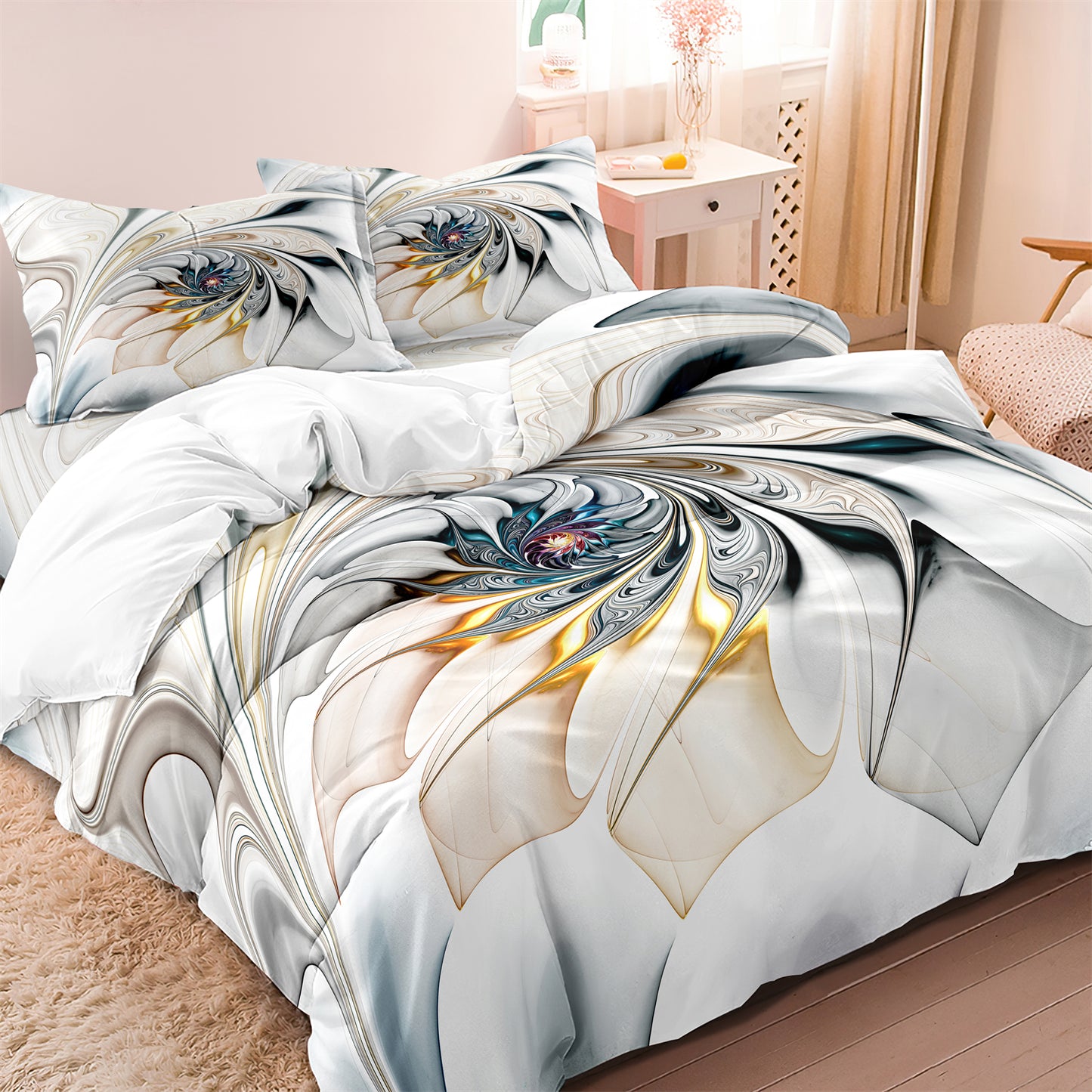 3Pcs Marble Abstract Vibrant Floral Duvet Cover Set