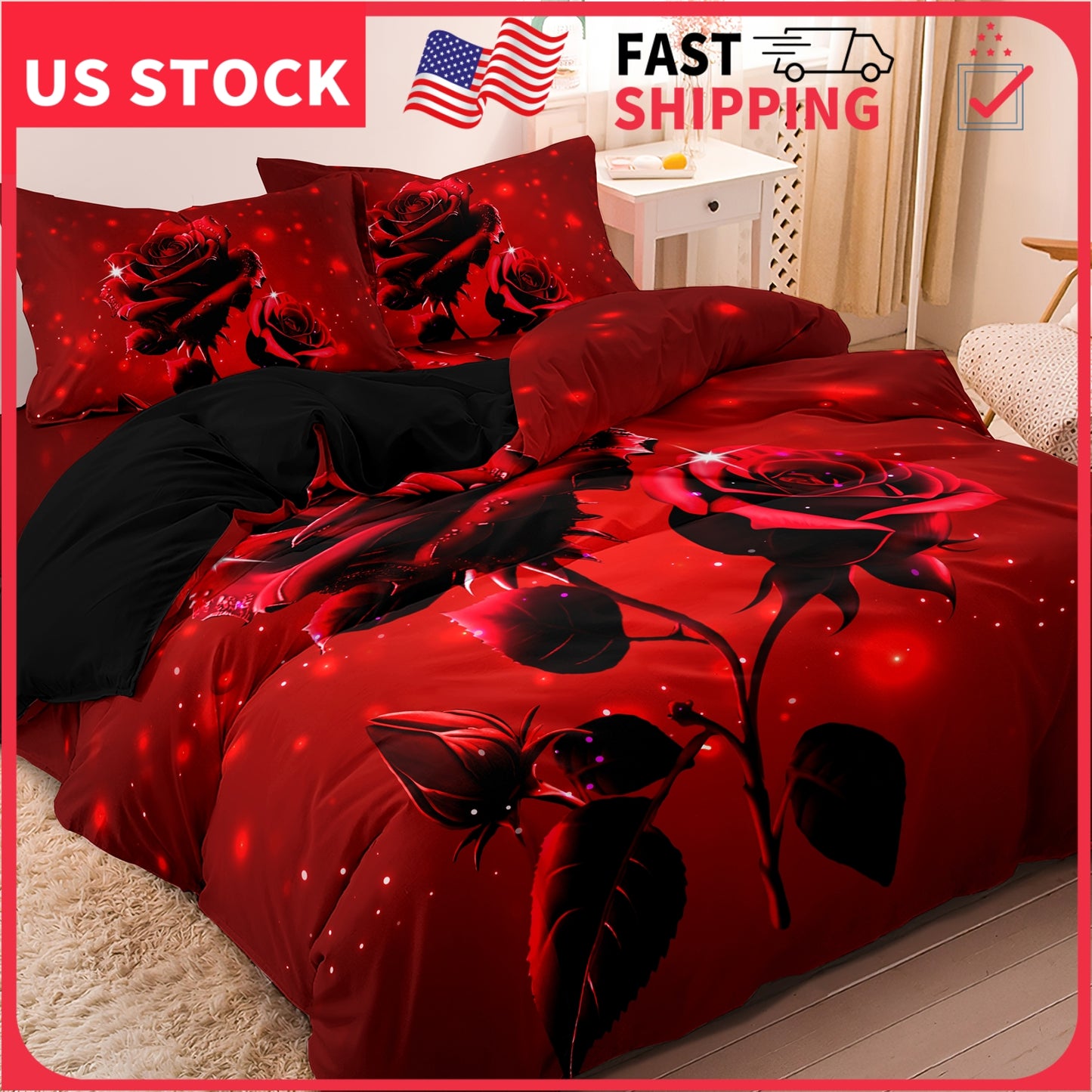 3Pcs Romantic Red Rose Duvet Cover Bedding Set