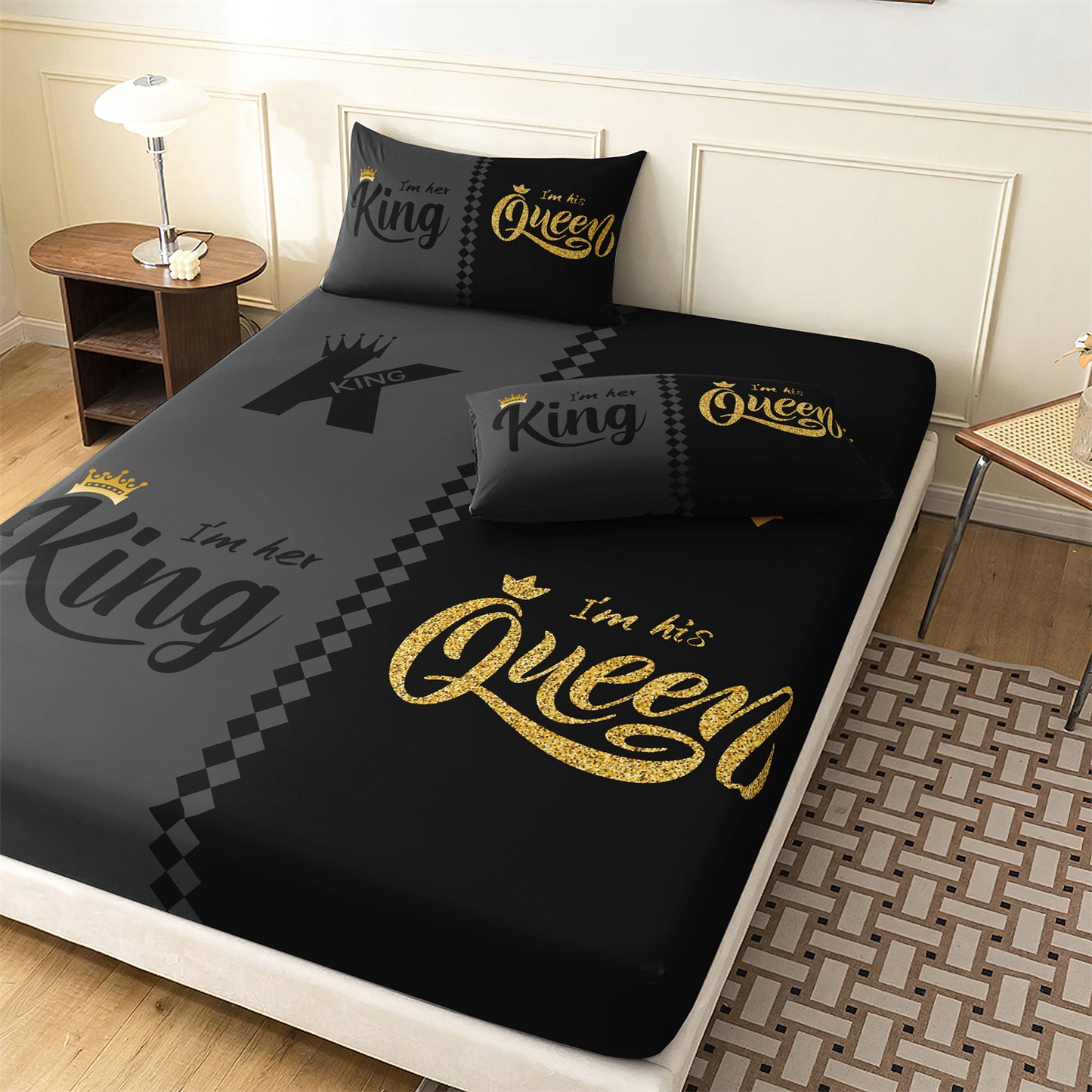 3pcs Queen & King Crown Lettering Couple Sheet Fitted Set