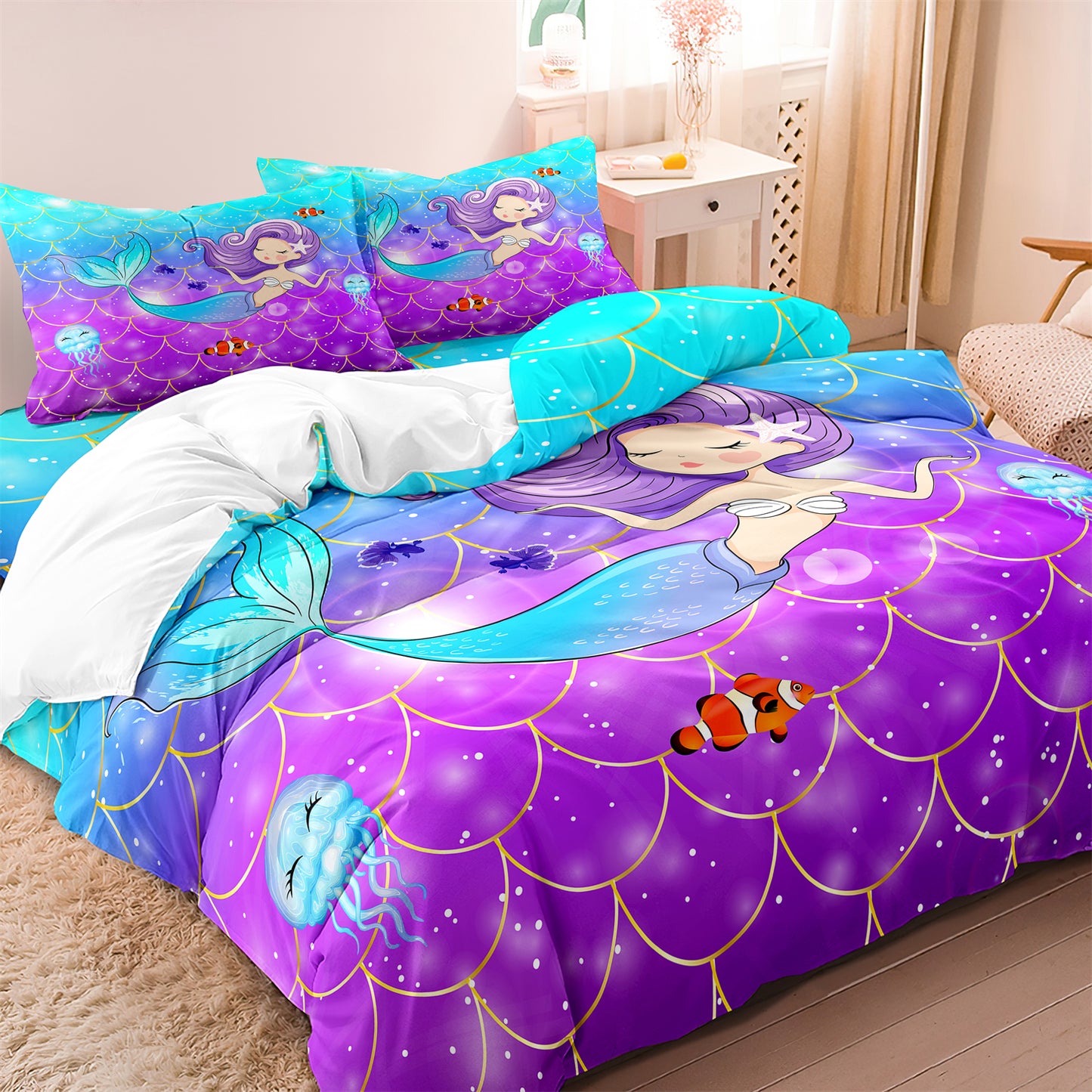 Mermaid Ocean Theme Printed Quilt/Duvet Cover Bedding Set