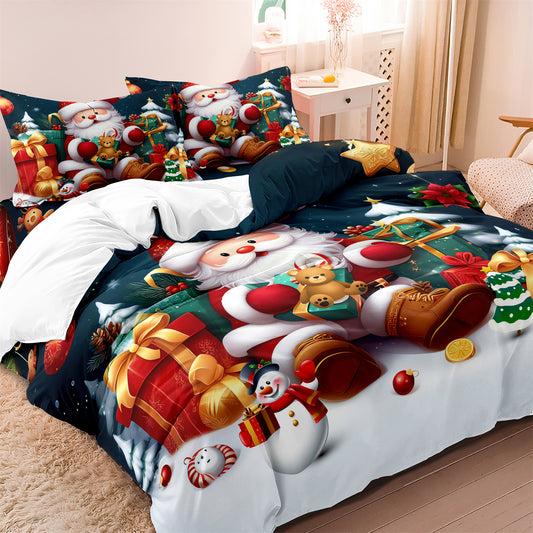 3pcs Santa & Snowman Christmas  Theme Duvet Cover Bedding Set