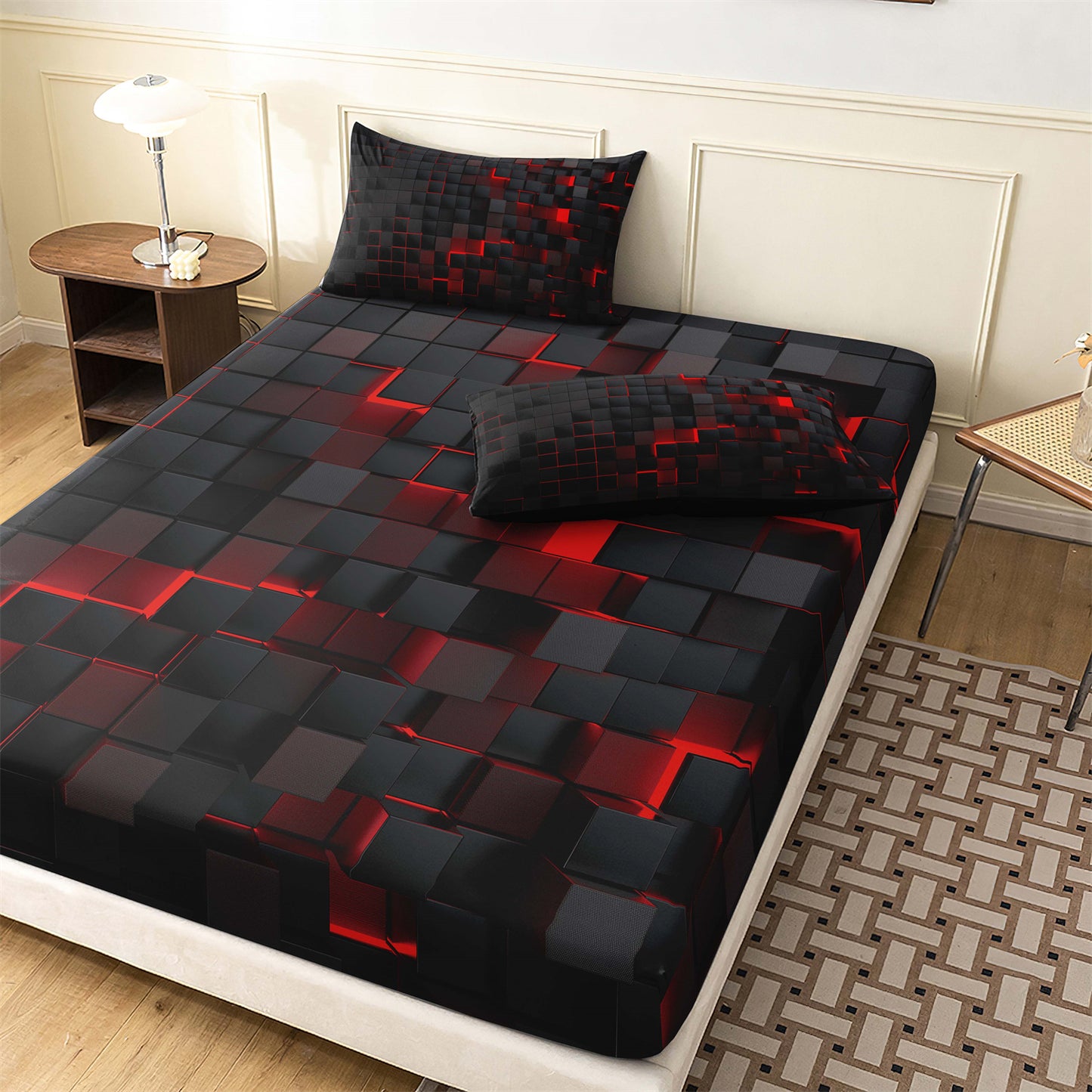 3Pcs Geometric Grid Checked Sheet Fitted Bedding Set