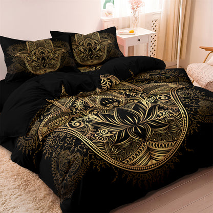 Boho Mandala Duvet Cover Set, Hamsa Hand Print Bedding Set