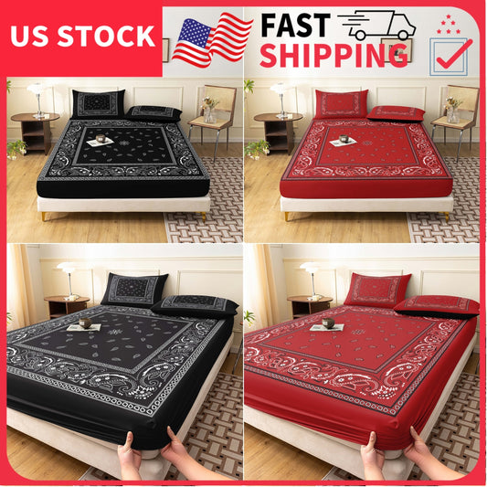 3Pcs Black & Red Boho Bandana Paisley Fitted Sheet