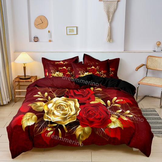 Romantic Red Rose Printed Quilt/Duvet Cover Bedding Set