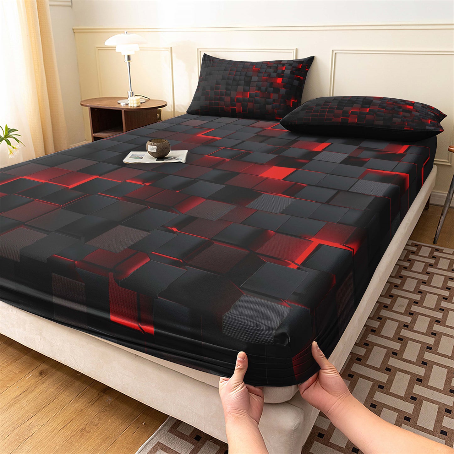 3Pcs Geometric Grid Checked Sheet Fitted Bedding Set