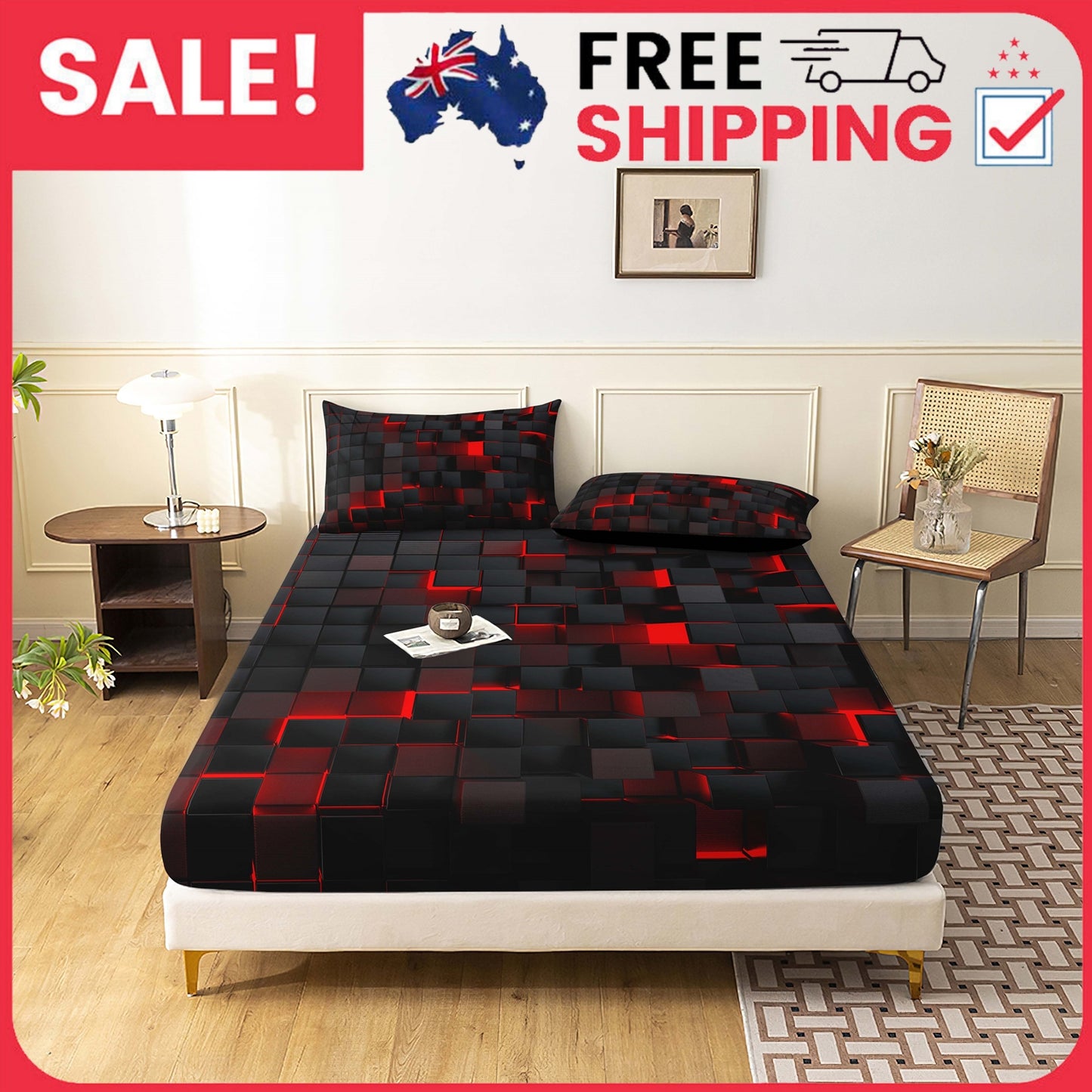 3Pcs Geometric Grid Checked Sheet Fitted Bedding Set