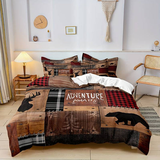 Vintage Rustic Plaid Bear Deer Printed Quilt/Duvet Cover Bedding Set