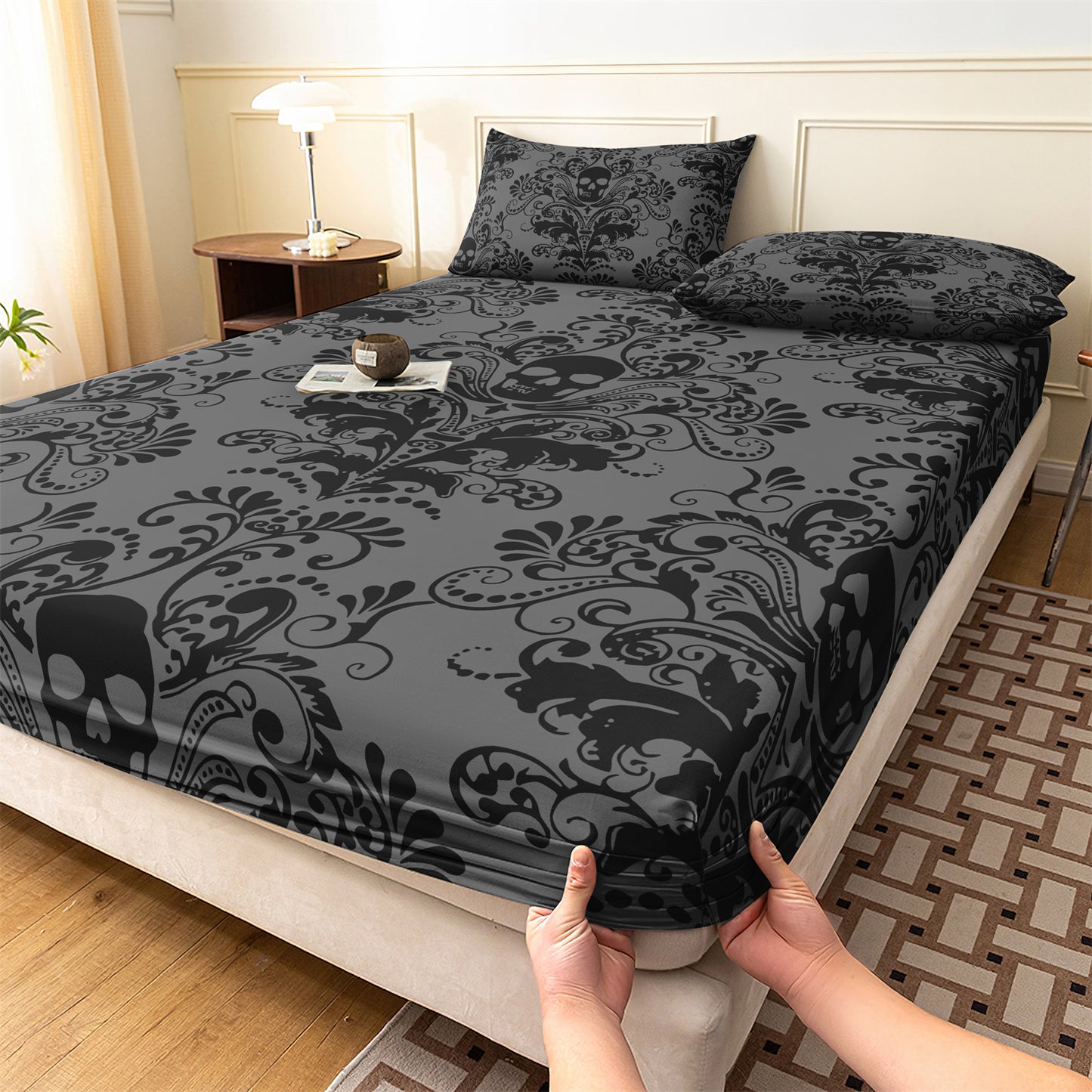 3Pcs Skull Floral Bed Sheet Fitted Set