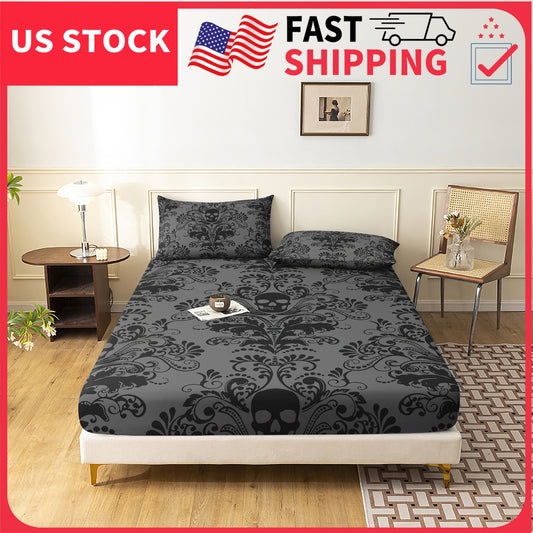 3Pcs Skull Floral Bed Sheet Fitted Set