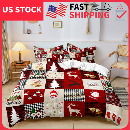 3Pcs Christmas Theme Santa Snowman Tree Elk Snowflake Checked Duvet Cover