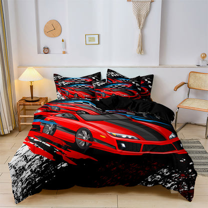 Racing Car Print Polyester Quilt/Duvet Cover Bedding Set