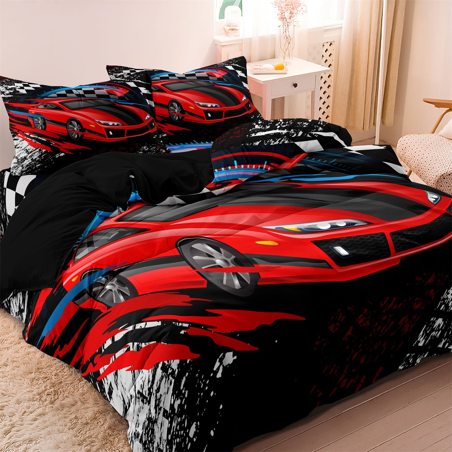 Racing Car Print Polyester Quilt/Duvet Cover Bedding Set