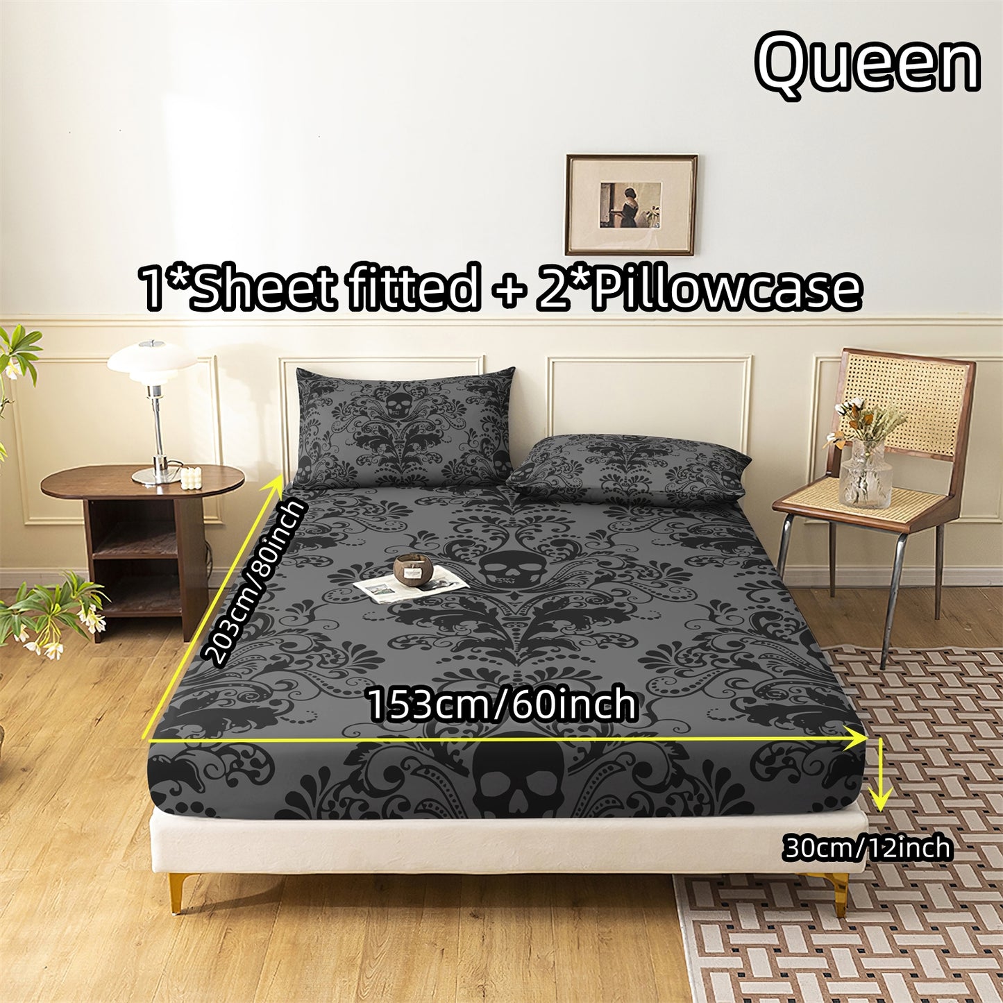 3Pcs Skull Floral Bed Sheet Fitted Set