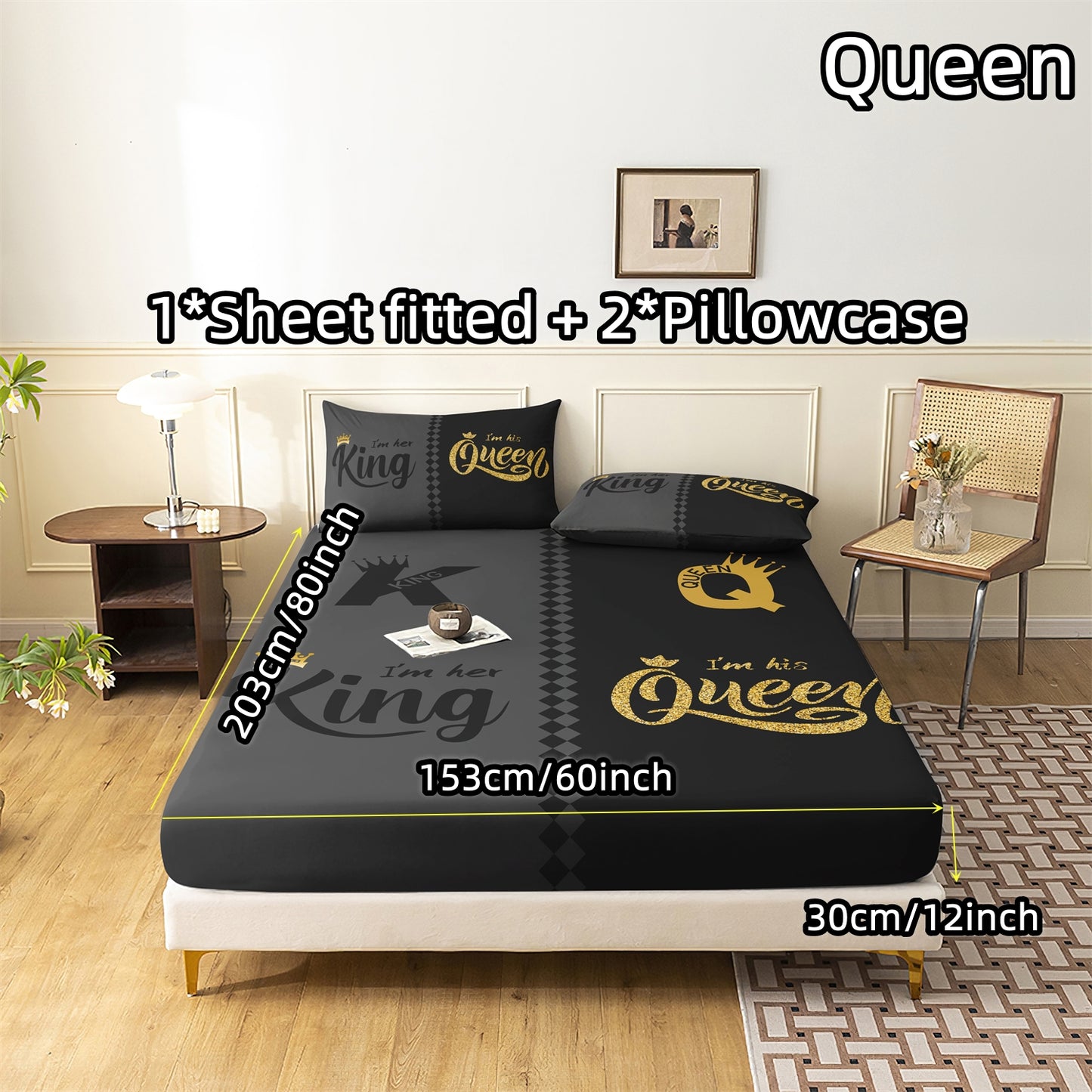 3pcs Queen & King Crown Lettering Couple Sheet Fitted Set